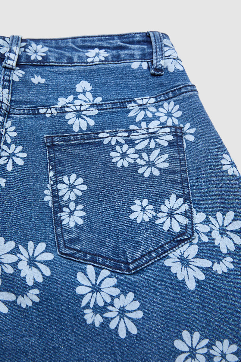 Floral Pattern Mid Waist Barrel Leg Crop Jeans Without Belt