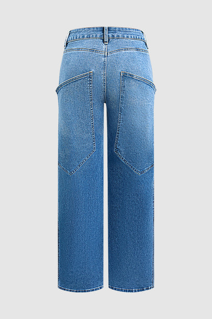 Stitch Detail Straight Leg Mid Waist Jeans Without Belt