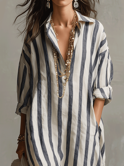 Chemise rayée décontractée Robe longue style bohème