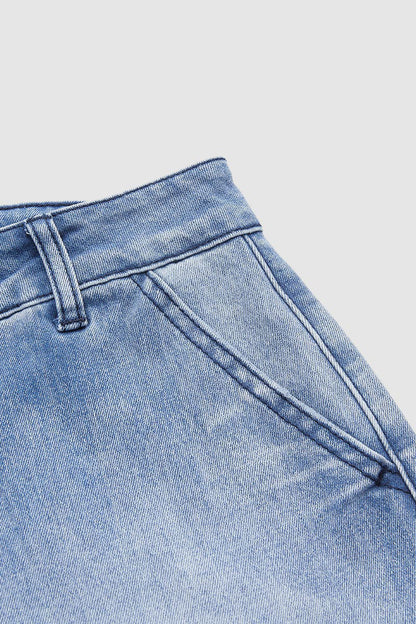 Wash Stitch Detail Mid Rise Barrel Leg Crop Jeans Without Belt