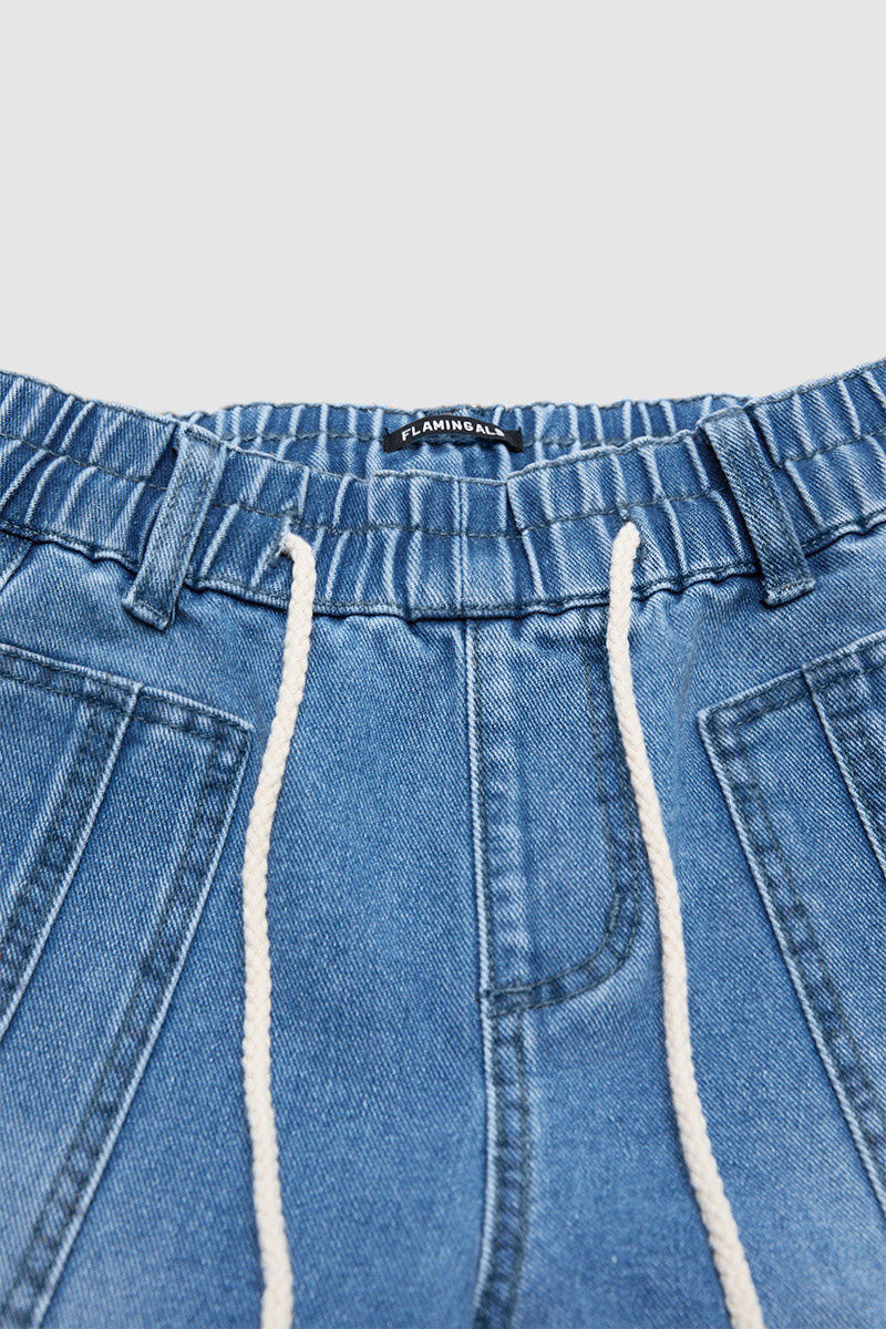 Raw Hem Drawstring Mid Waist Barrel Leg Capri Jeans