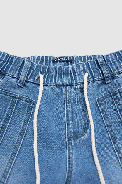 Raw Hem Drawstring Mid Waist Barrel Leg Capri Jeans