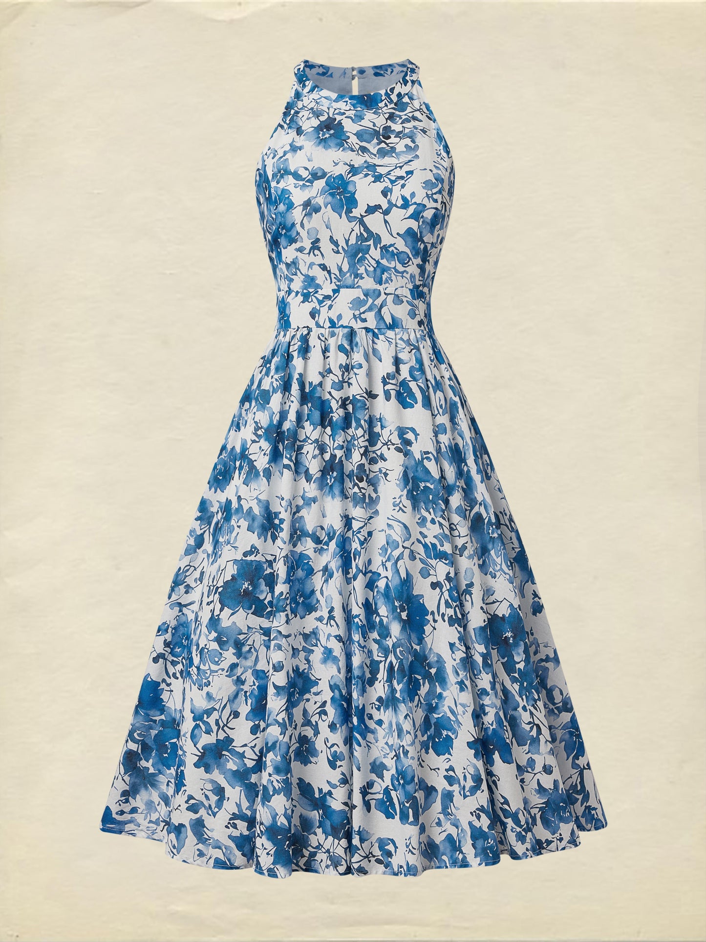 Robe Midi en Lin, Sans Manches, Col Rond, Imprimé Floral, Vacances, Style Vintage, Bleue