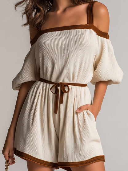 Chic Elegant Beige Off-The-Shoulder Short-Sleeve Tie-Waist Contrast Trim Detail Ribbed Knit Romper