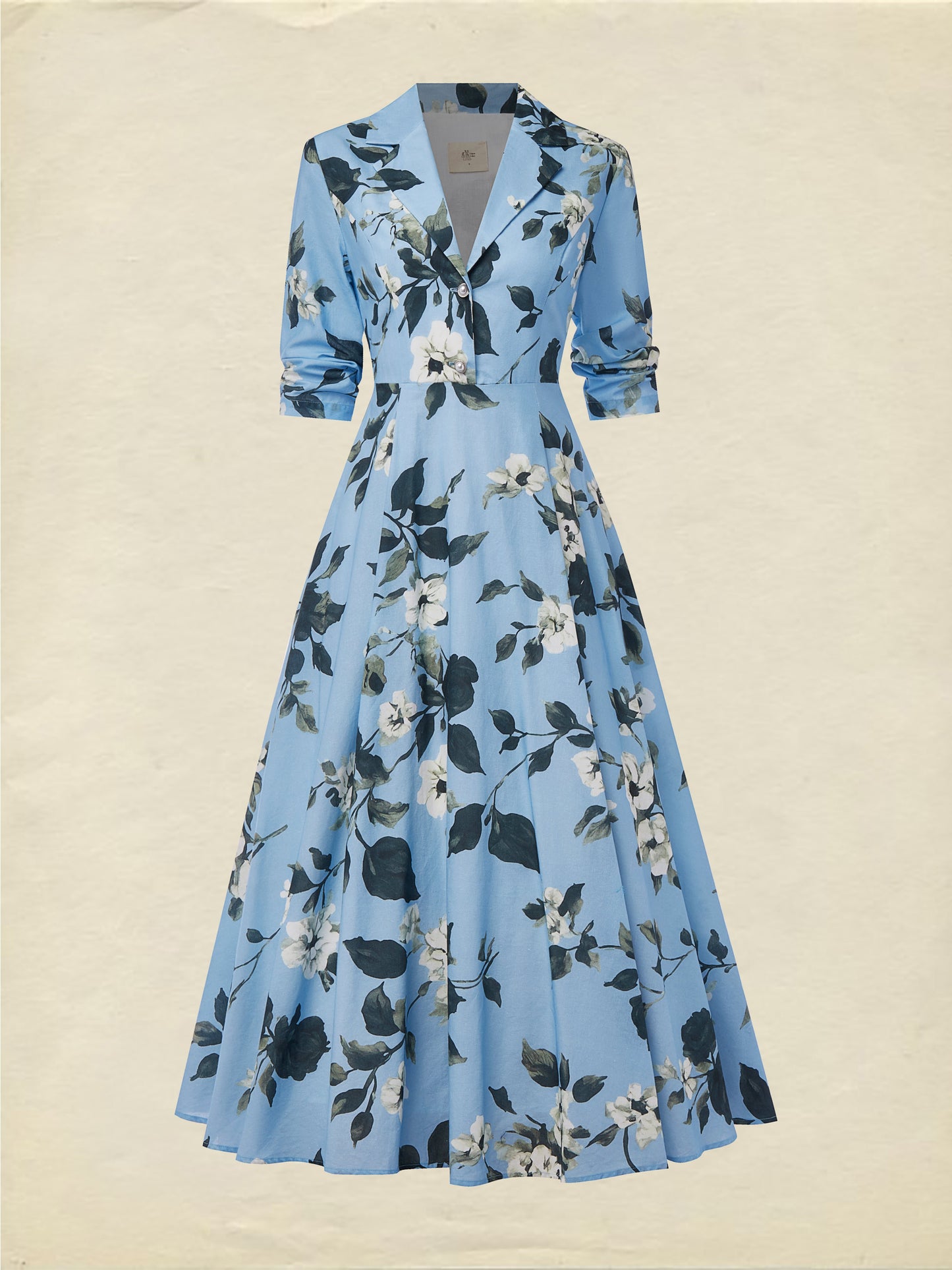 Robe longue en lin, Manches mi-longues, Col à revers, Florale, Vacances, Vintage, Bleue