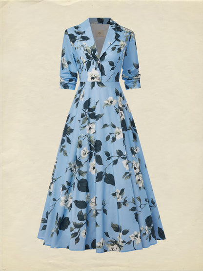 Robe longue en lin, Manches mi-longues, Col à revers, Florale, Vacances, Vintage, Bleue
