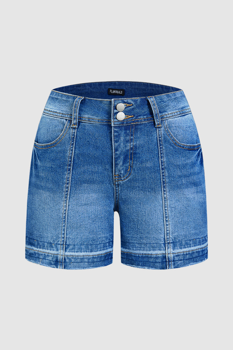 Wash Stitch Detail Mid Waist Denim Mid Thigh Shorts