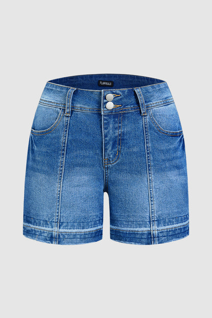 Wash Stitch Detail Mid Waist Denim Mid Thigh Shorts