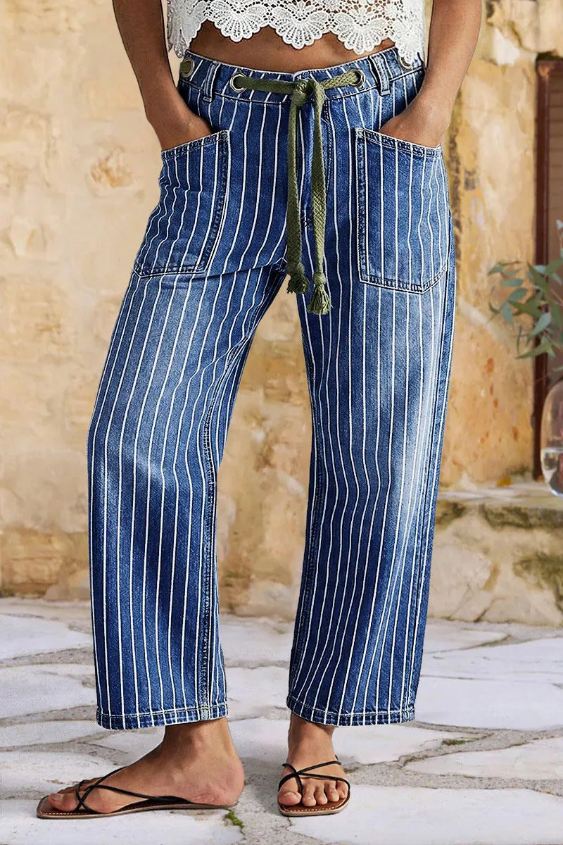 Pinstripe Drawstring Patched Pocket High Waist Straight Leg Crop Jeans