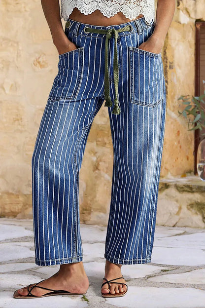 Pinstripe Drawstring Patched Pocket High Waist Straight Leg Crop Jeans