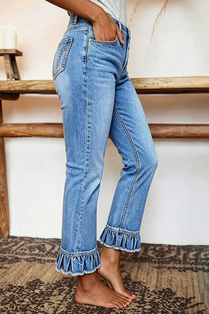 Raw Hem Ruffle Mid Waist Straight Leg Cropped Jeans
