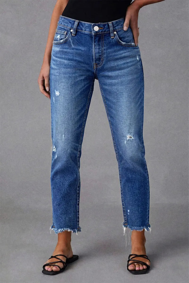 Raw Hem Ripped Mid Waist Straight Leg Crop Jeans