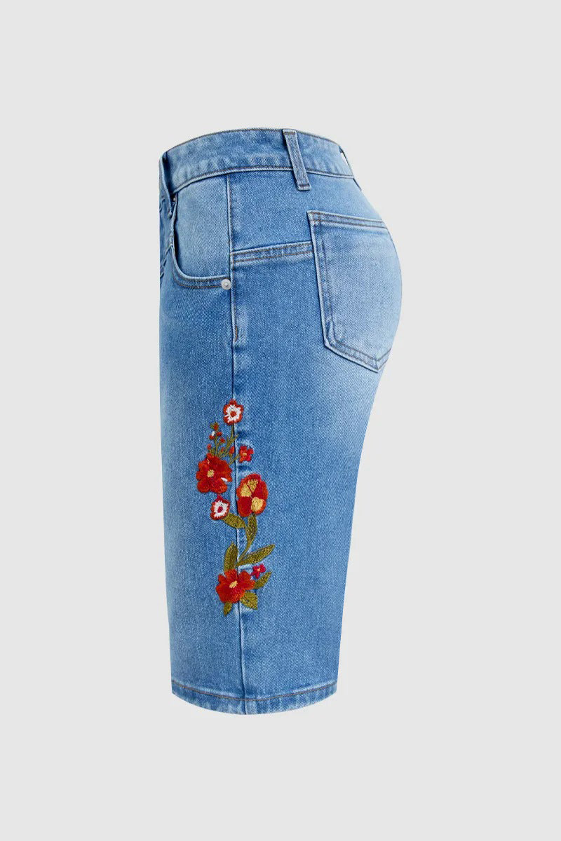 Wash Floral Embroidery V Yoke Mid Rise Straight Leg Denim Bermuda Shorts