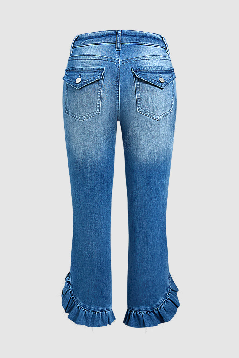 Split Ruffle Hem Flap Pocket Mid Waist Straight Leg Cropped Jeans