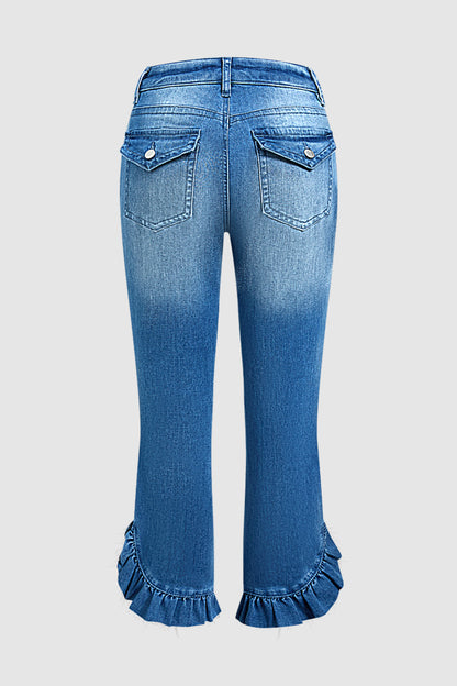 Split Ruffle Hem Flap Pocket Mid Waist Straight Leg Cropped Jeans