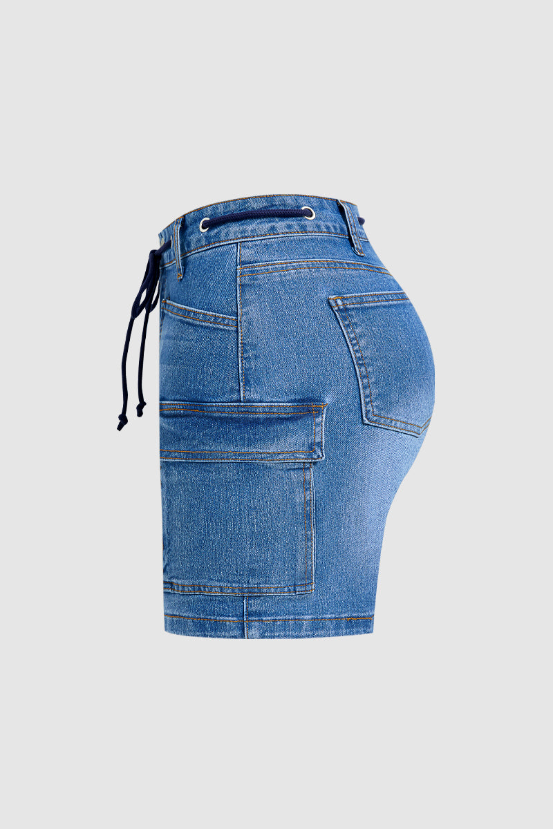 Wash Flap Pocket Drawstring High Rise Mid Thigh Denim Shorts