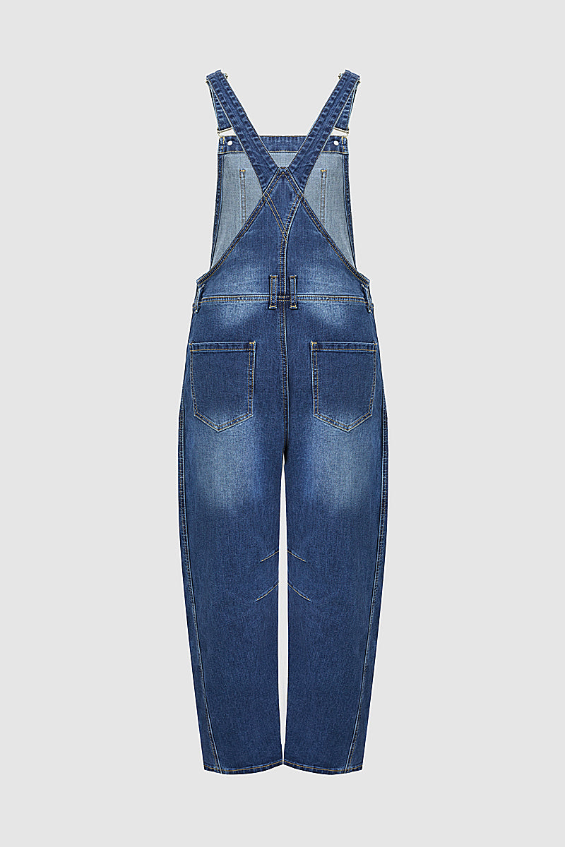 Wash Patch Pocket Stitch Detail Barrel Leg Denim Overalls