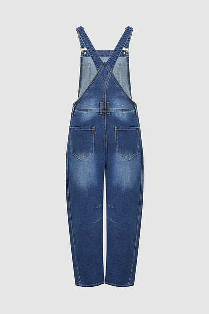 Wash Patch Pocket Stitch Detail Barrel Leg Denim Overalls