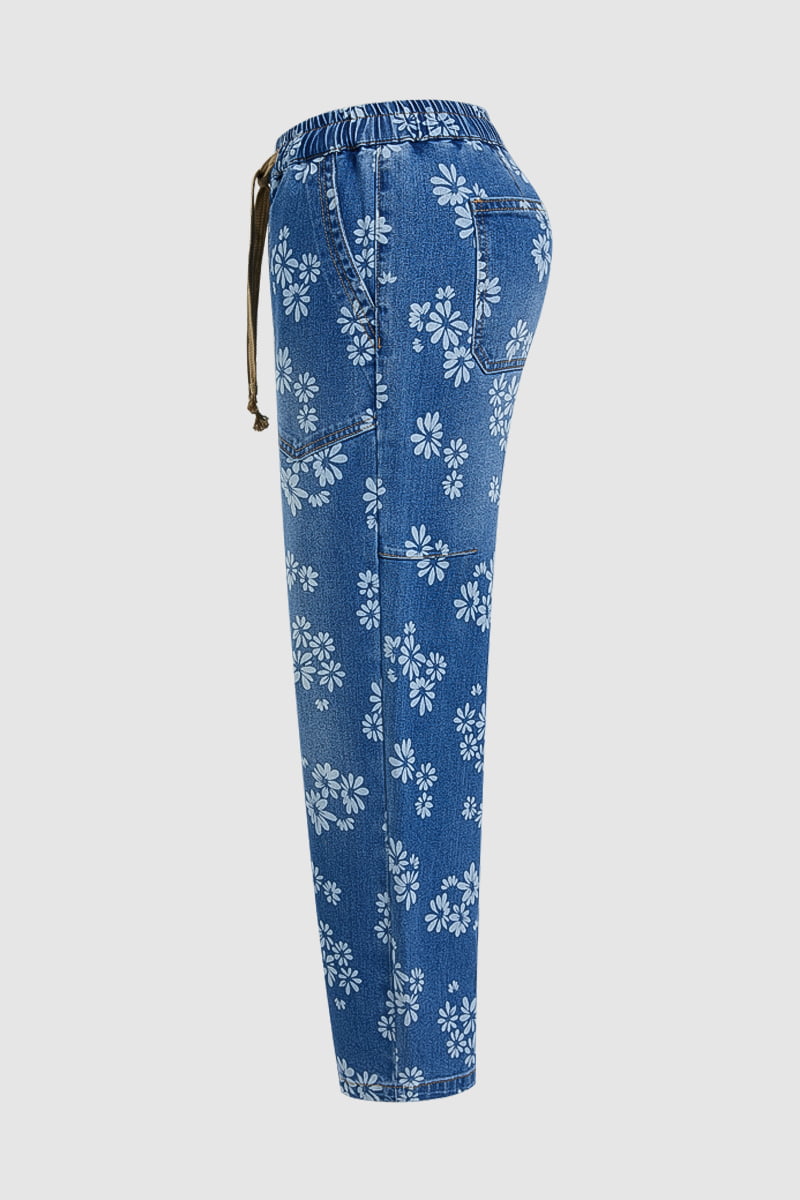 Floral Print Patch Pocket Drawstring Elastic Mid Rise Barrel Leg Crop Jeans
