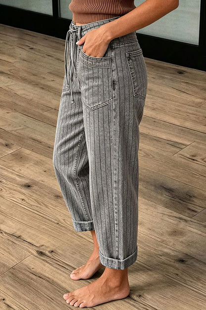 Striped Roll Hem Drawstring Mid Waist Straight Leg Cropped Pants
