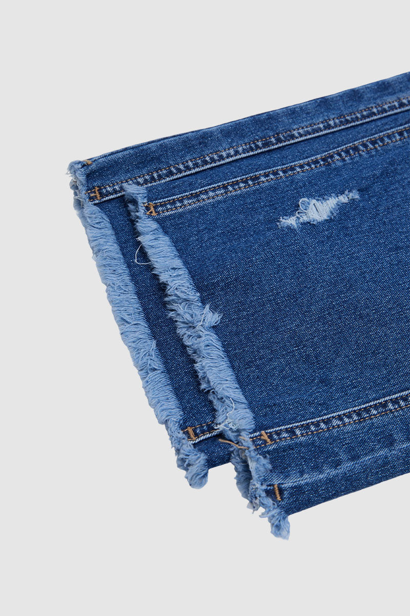 Wash Raw Hem Ripped Mid Waist Straight Leg Jeans