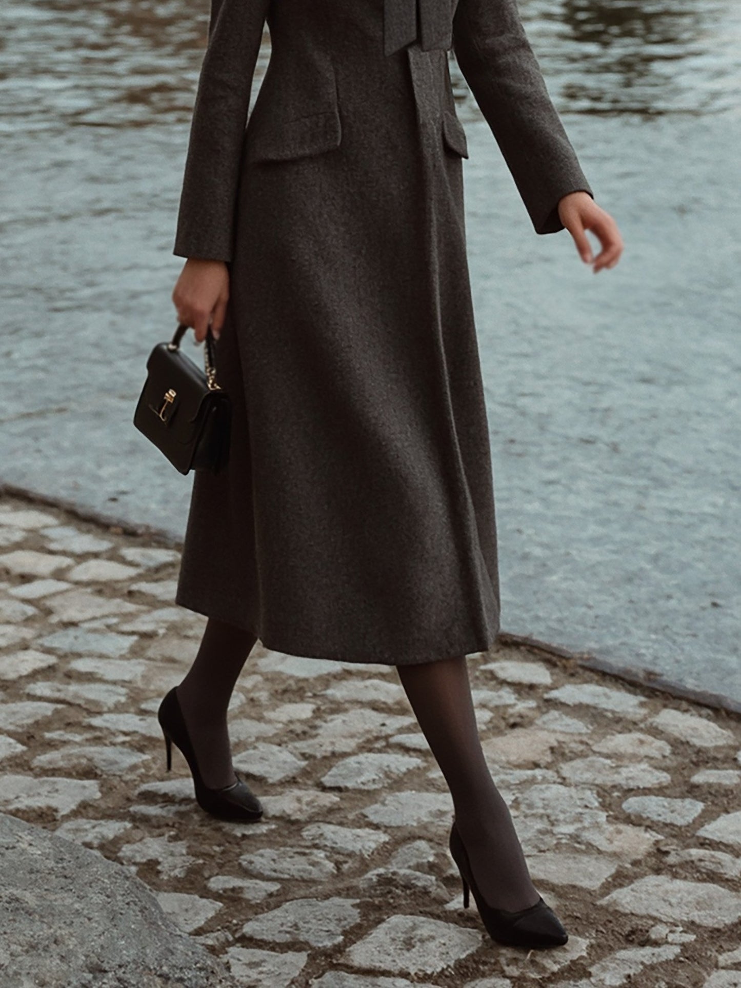 Manteau trench en laine, manches longues, uni, poches, vintage, gris foncé
