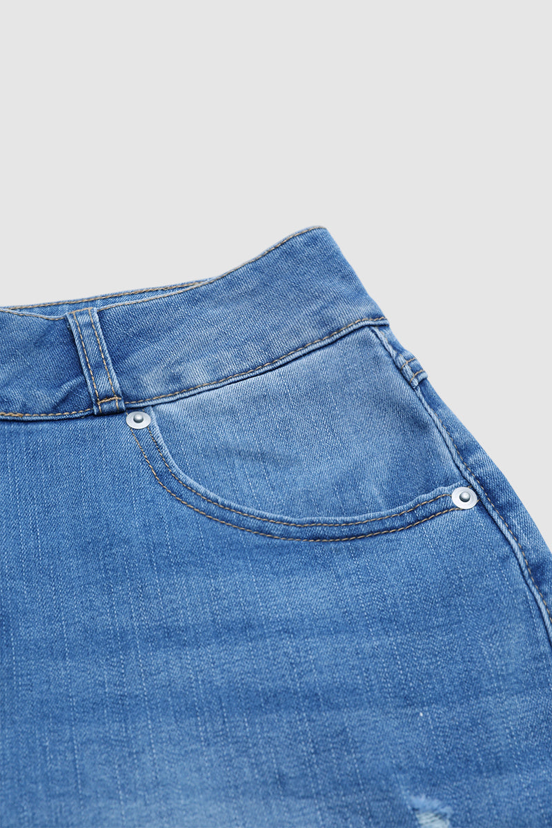 Wash Ripped Roll Hem Dual Button High Rise Denim Shorts