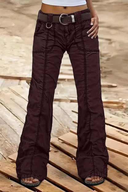 Solid Stitch Detail Mid Rise Straight Leg Cargo Pants Without Belt