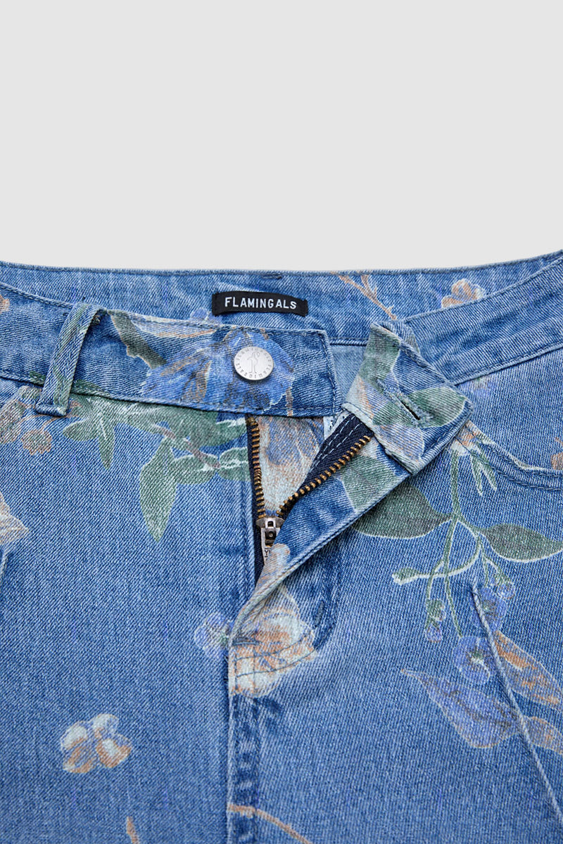 Floral Print Seam Front Mid Waist Denim Bermuda Shorts