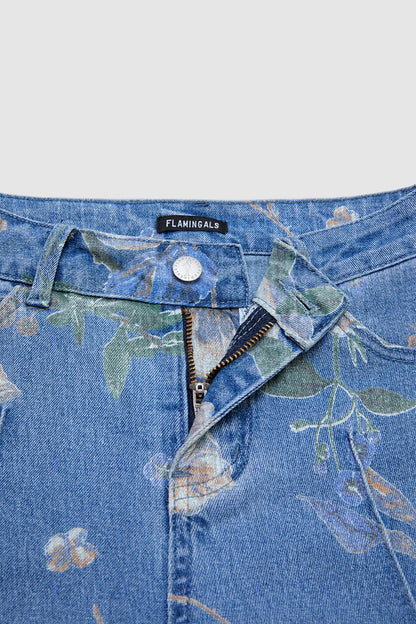 Floral Print Seam Front Mid Waist Denim Bermuda Shorts