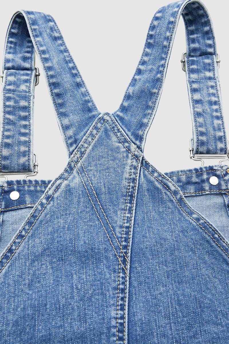 Patched Stitch Detail Barrel Leg Denim Overalls