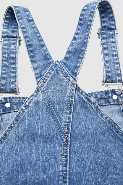 Patched Stitch Detail Barrel Leg Denim Overalls