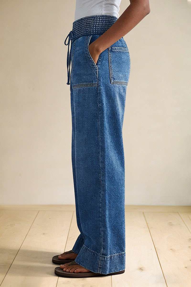 Wash Patch Pocket Tie Front Shirred High Rise Wide Leg Jeans