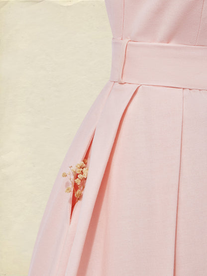 Robe longue en coton, sans manches, asymétrique (une épaule), unie, ceinture décorative, vintage, rose clair