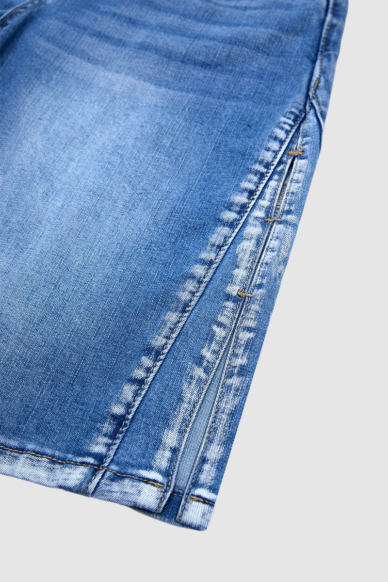 Wash Split Hollow Out Mid Waist Denim Bermuda Shorts