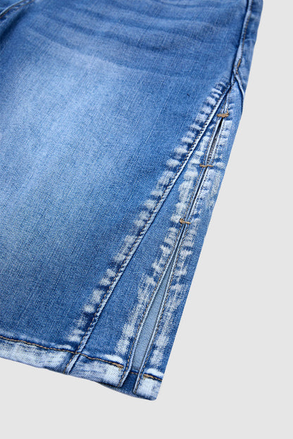Wash Split Hollow Out Mid Waist Denim Bermuda Shorts