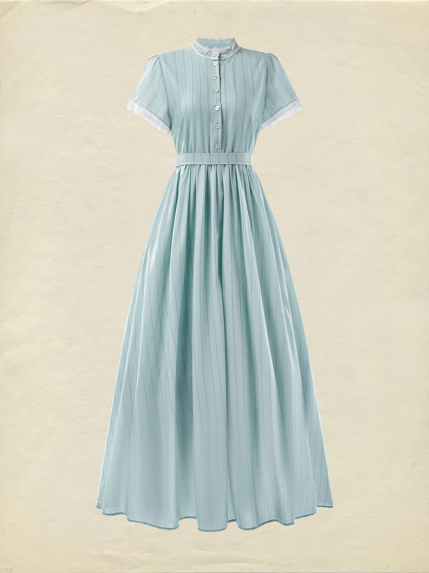 (TAILLE:XS-XXL)Robe longue, Vintage, Été, Naturel, Coupe trapèze, Col en dentelle, Manches courtes, Bleu