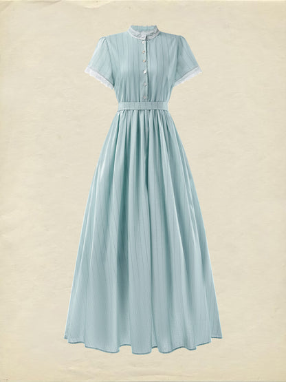 (TAILLE:XS-XXL)Robe longue, Vintage, Été, Naturel, Coupe trapèze, Col en dentelle, Manches courtes, Bleu