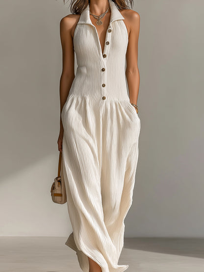 Chic Elegant Cream White Lapel Collar Button-Front Sleeveless Tailored Waist Loose-Fit Ribbed Knit Maxi Dress