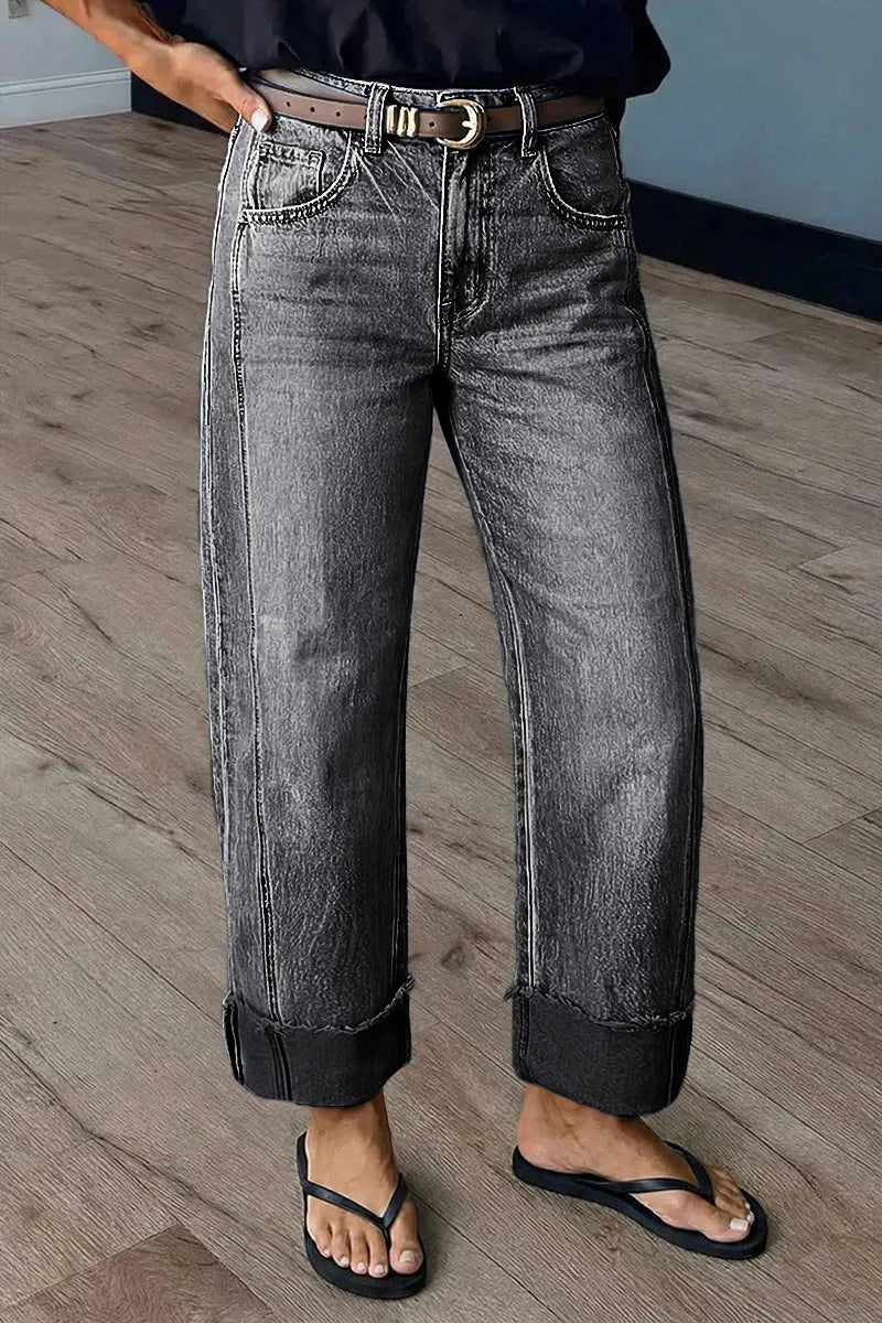 Wash Seam Front Roll Raw Hem Mid Rise Straight Leg Crop Jeans Without Belt