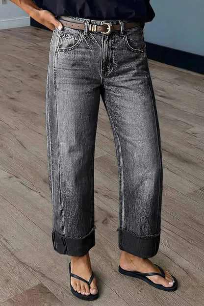 Wash Seam Front Roll Raw Hem Mid Rise Straight Leg Crop Jeans Without Belt