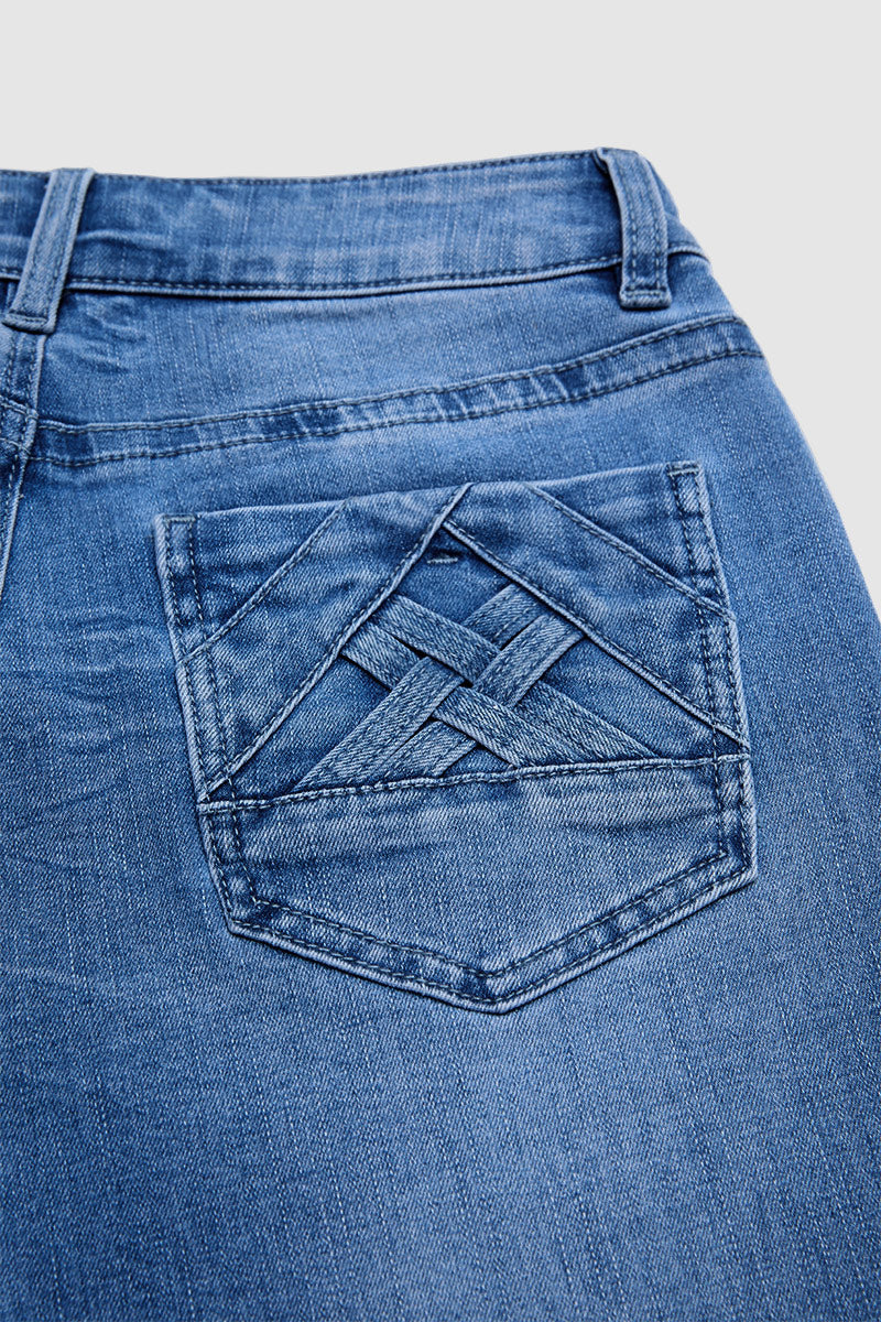Roll & Raw Hem Criss Cross Mid Waist Straight Leg Capri Jeans