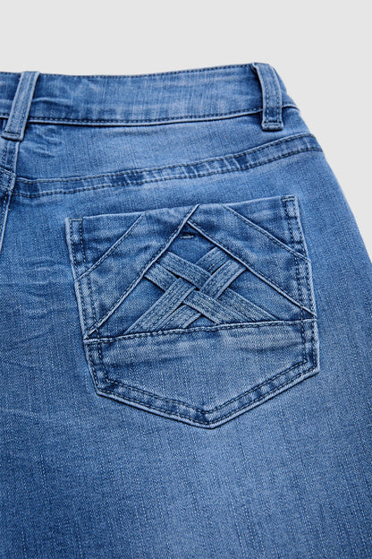 Roll & Raw Hem Criss Cross Mid Waist Straight Leg Capri Jeans