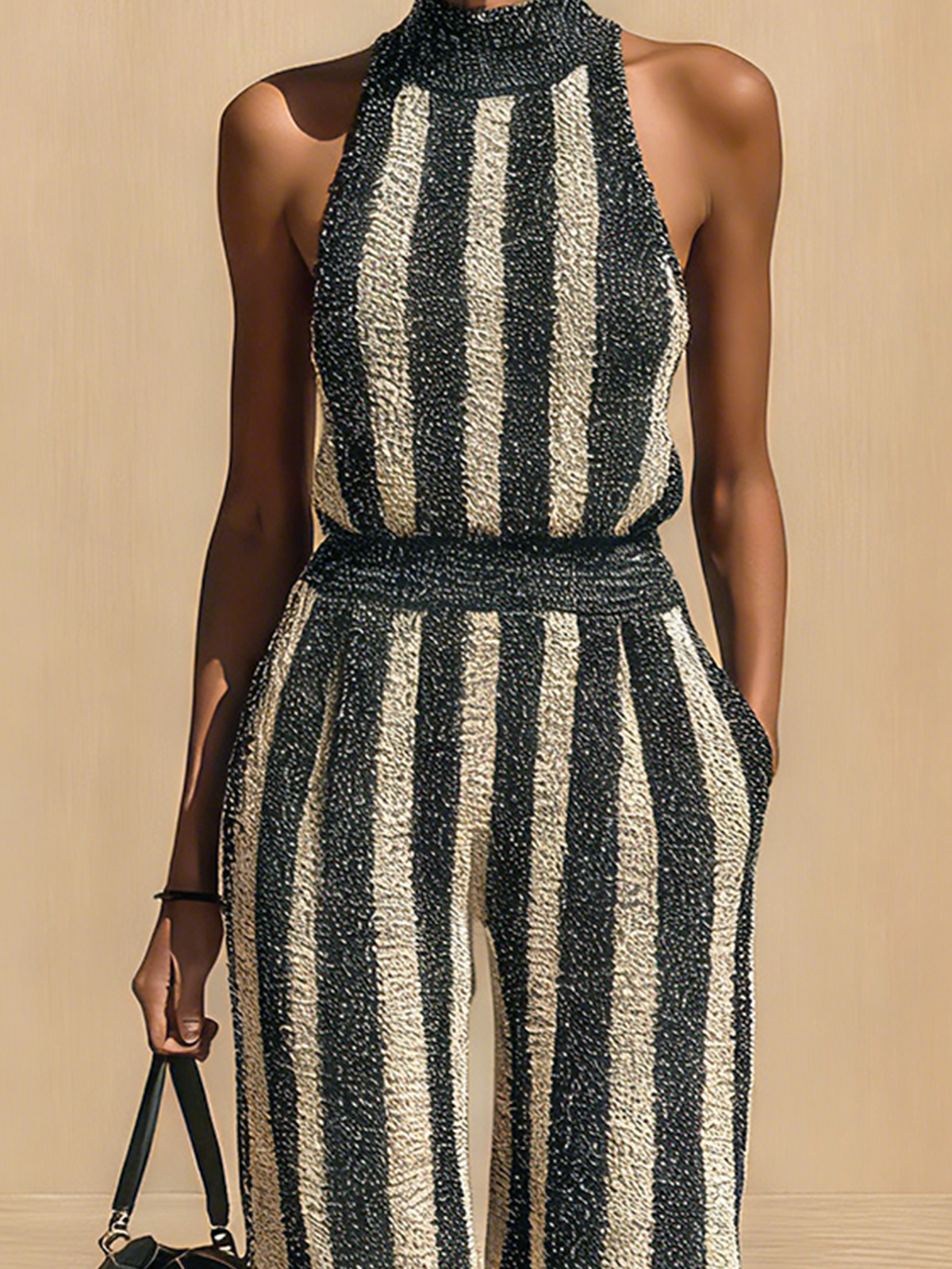 Chic Elegant Black-Beige Striped Mock-Neck Sleeveless Slim Fit Wide-Leg Ribbed Knit Jumpsuit
