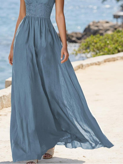 (TAILLE:XS-XXL)Robe longue en lin, sans manches, col en V, unie, vintage, bleue