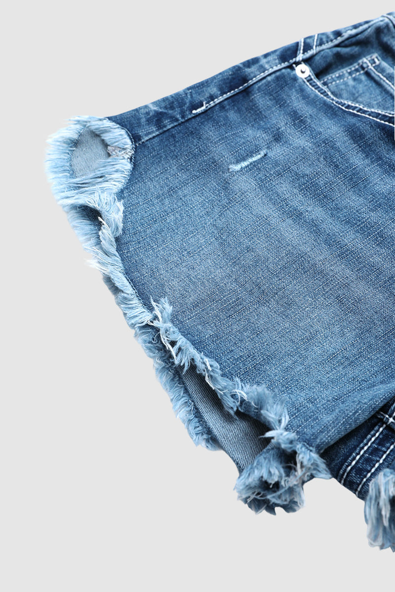 Raw Hem Embroidery Flap Decor Split Mid Waist Denim Shorts