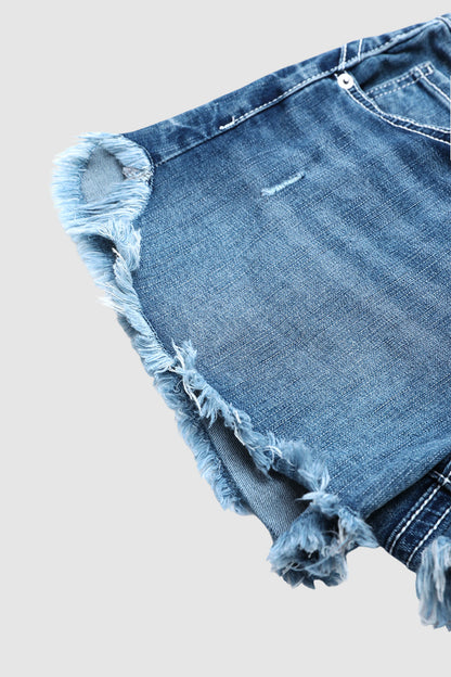 Raw Hem Embroidery Flap Decor Split Mid Waist Denim Shorts