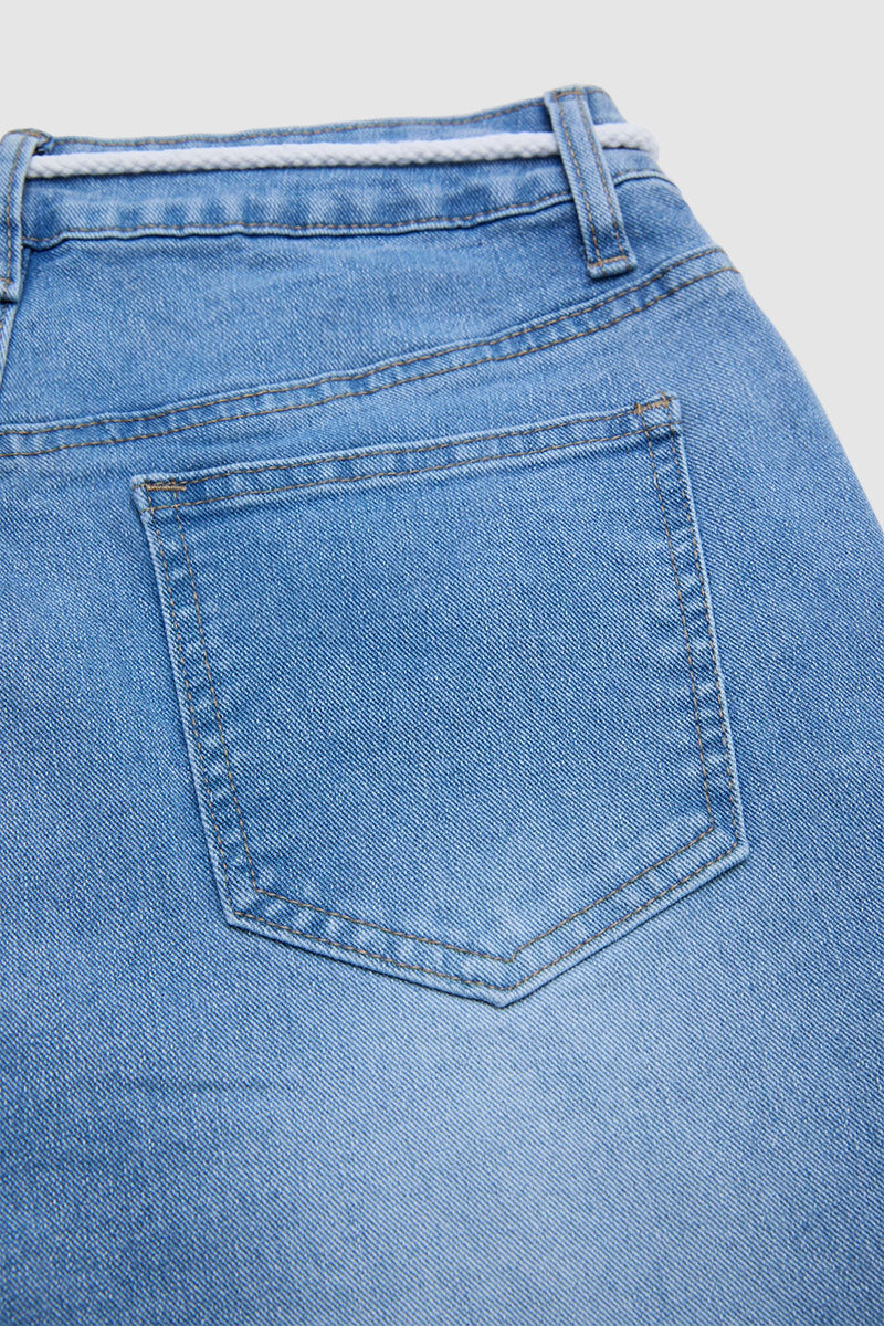Wash Drawstring Adjustable Pleated High Waist Straight Leg Capri Jeans