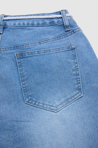 Wash Drawstring Adjustable Pleated High Waist Straight Leg Capri Jeans