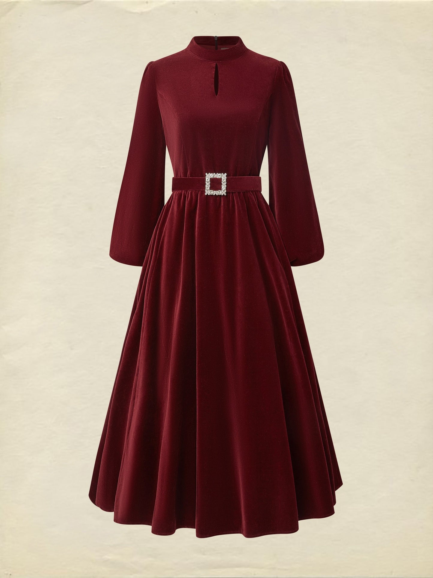 Robe mi-longue en coton, manches longues, col montant, unie, style vintage, rouge bordeaux